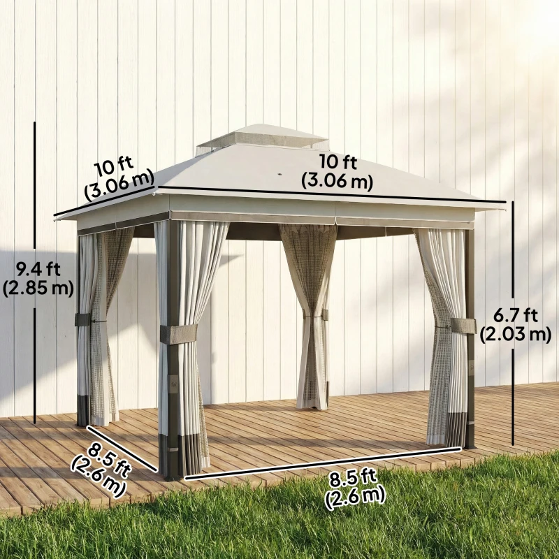 Outsunny 10' x 10' Patio Gazebo, UPF50+ Double Roof Outdoor Gazebo Canopy with Netting and Curtains, Steel Frame, Light Grey
