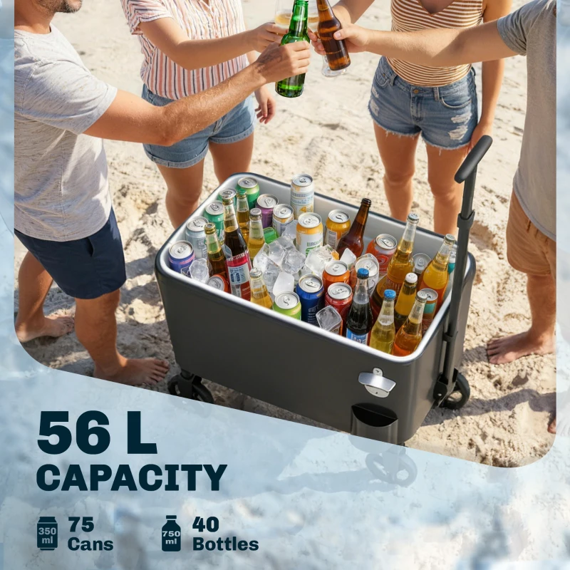 Outsunny 60-Qt Outdoor Patio Cooler Cart, Rolling Ice Chest with Adjustable Handle, Wheels, Bottle Opener, Drainage, Black