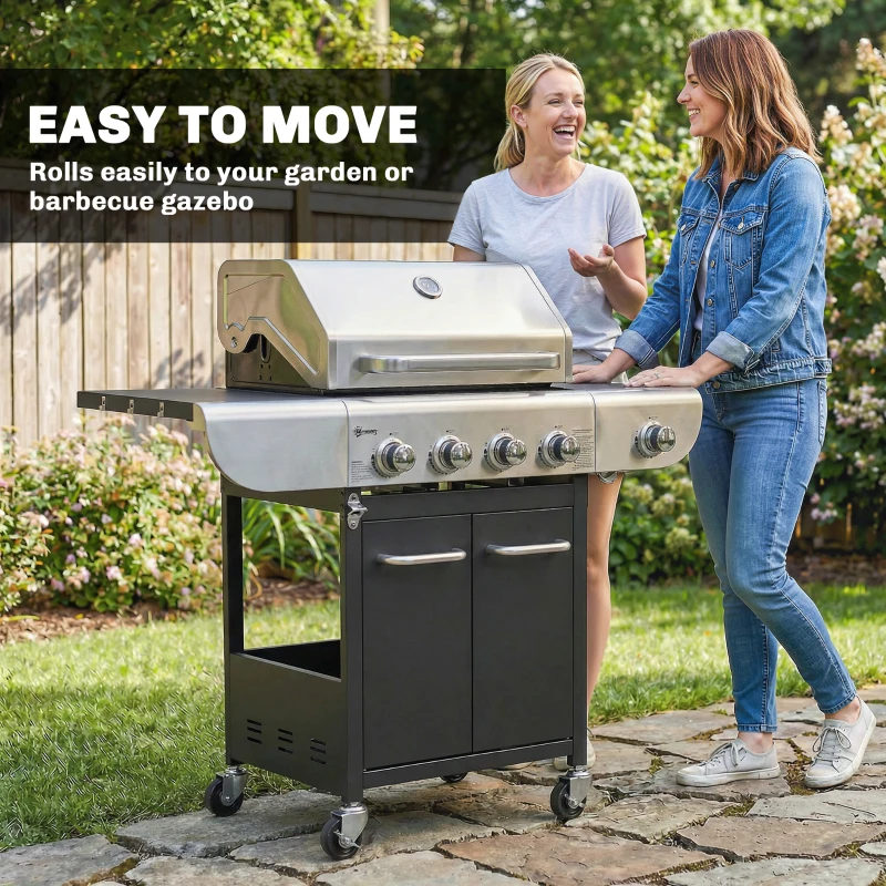 Outsunny 4 Burner Propane Gas Grill with Side Burner, 53,000 BTU BBQ Grill with Cast Iron Grates, Wheels, Warming Rack, Cabinet