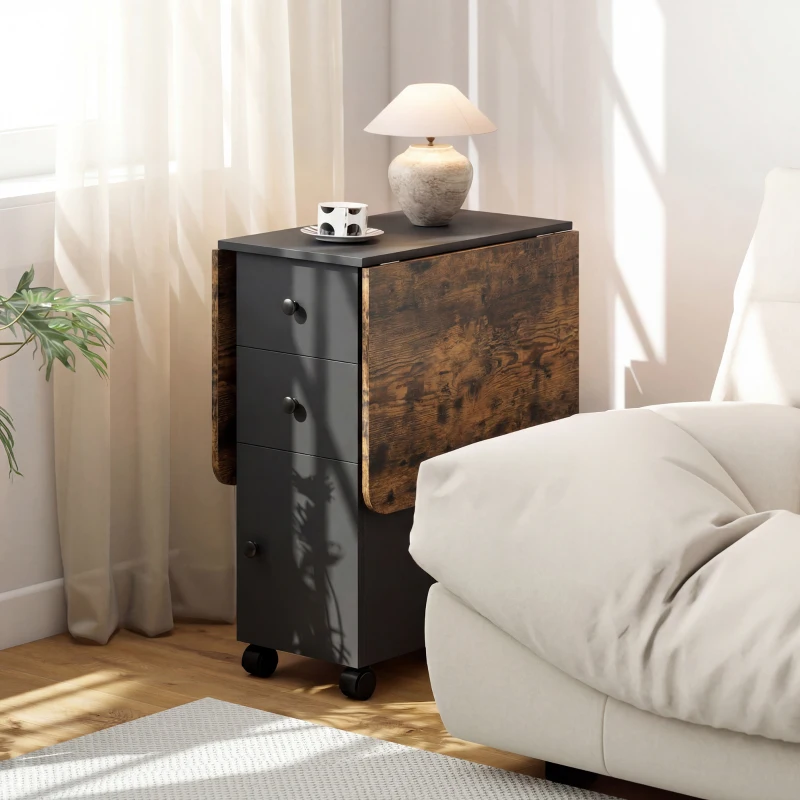 HOMCOM Drop Leaf Dining Table, Mobile Folding Table on Wheels with Drawers and Cabinet for Dining Room, Rustic Brown and Black