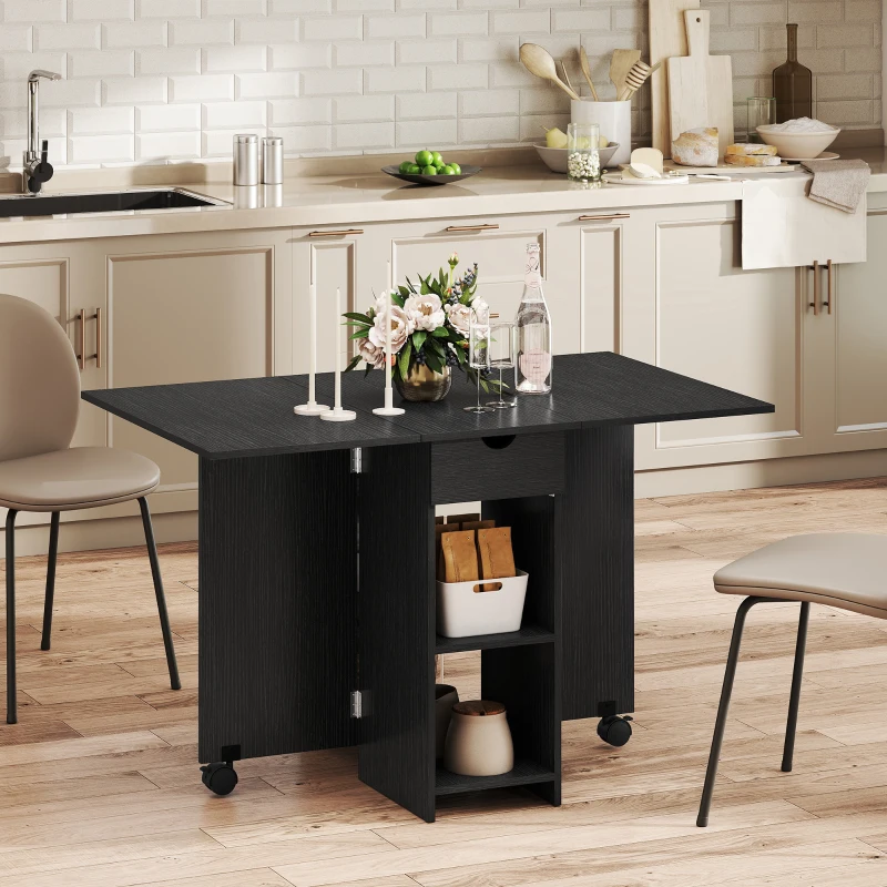 HOMCOM Folding Dining Table with Storage, Drop Leaf Kitchen Table with Drawer and Shelves for Small Spaces, Black