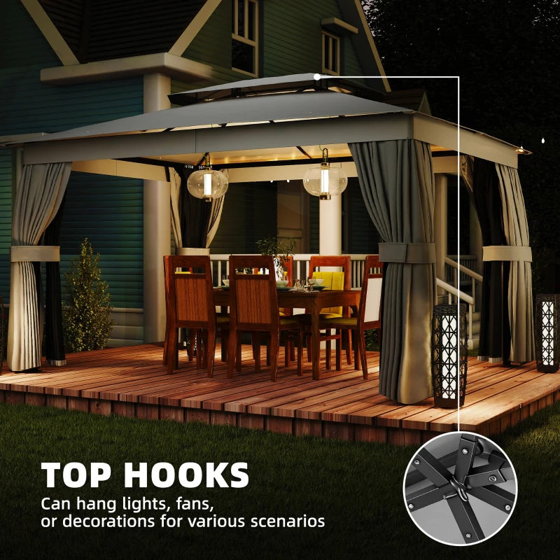 Outsunny 10' x 12.5' Outdoor Gazebo with Curtains and Netting, Double Roof Metal Patio Gazebo Canopy Shelter with Hook, Dark Grey