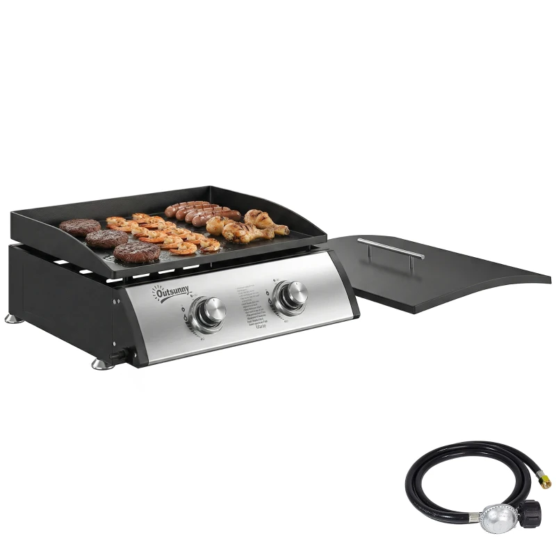 Outsunny 2 Burner Liquefied Gas Grill, Portable Tabletop BBQ Grill, for Camping, Picnic, Silver
