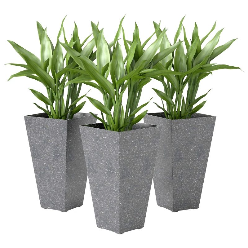 Outsunny 28" Tall Planters, Set of 3 Plastic Flower Pots with Marble Finish and Drainage Holes, Stackable Taper Planters, Gray