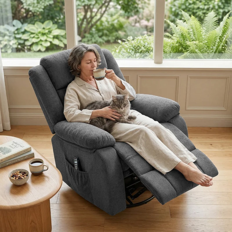 HOMCOM Recliner Massage Armchair with Heat, Oversized Swivel Rocker with Footrest, Remote and Side Pockets, Gray