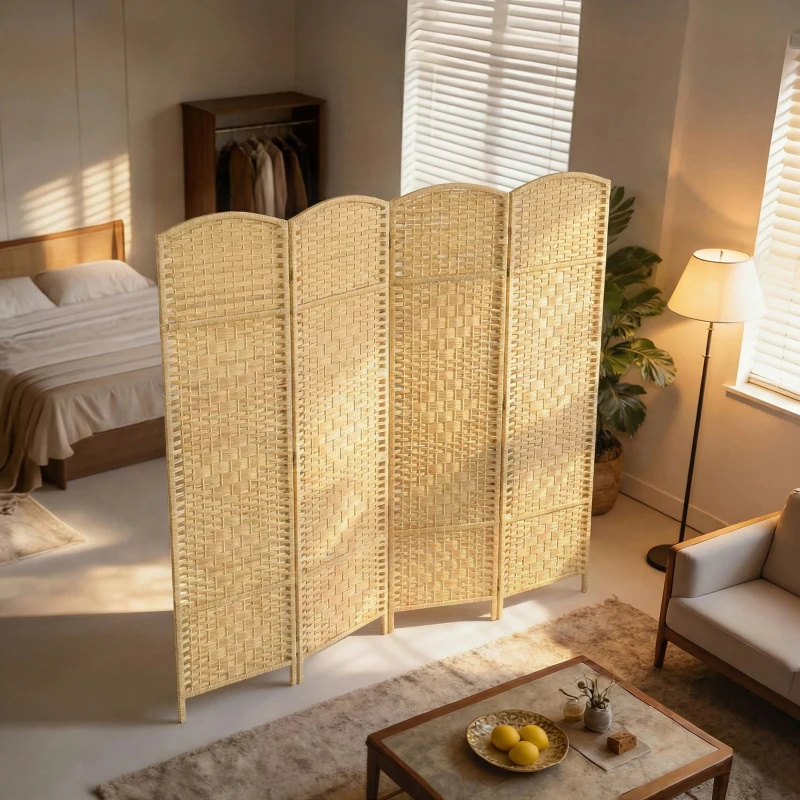 HOMCOM Folding Room Divider Screen 4 Panel 6' Tall Privacy Screen Freestanding Wood Partition for Home Office, Nature Wood
