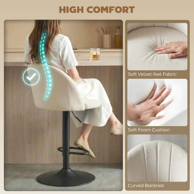 HOMCOM Bar Stools Set of 2, Swivel Counter Height Barstools with Footrest, Cream White