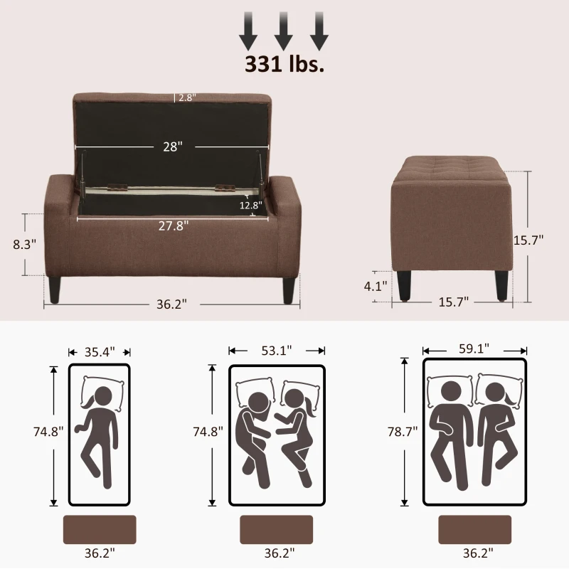 HOMCOM 36" Ottoman with Storage, Storage Ottoman Bench with Lift Top and Rubberwood Legs, Linen Upholstered Entryway Bench with Seating for Living Room, Bedroom, Holds up to 330 lb, Dark Brown