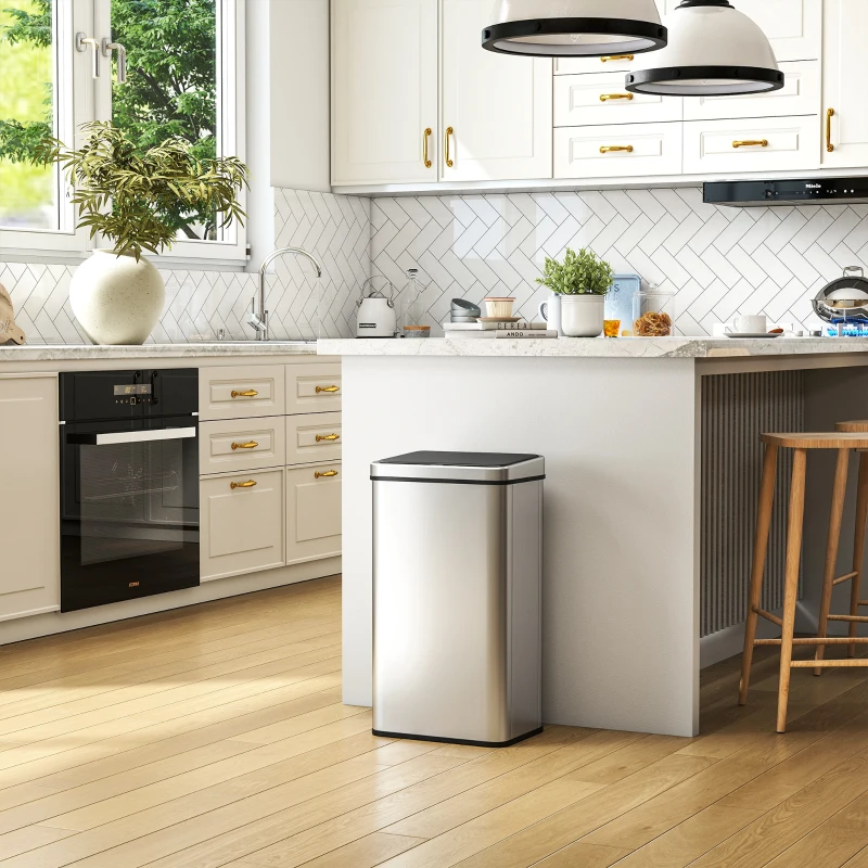 HOMCOM 13.2 Gallon Automatic Garbage Can with Soft-Close Lid, Touchless Trash Can with Fingerprint Resistant Stainless Steel