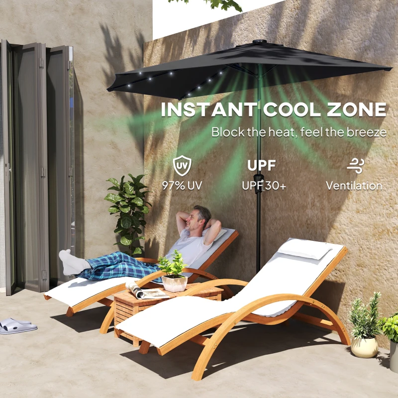 Outsunny Half Outdoor Patio Umbrella with Solar LED Lights Half Umbrella with Crank 105.1" x 53.5" Black