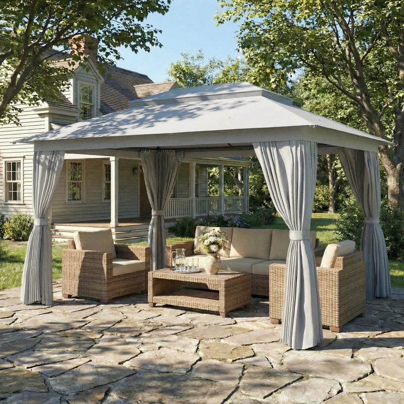 Outsunny 10' x 13' Patio Gazebo, UPF50+ Double Roof Outdoor Gazebo Canopy with Netting and Curtains, Steel Frame, Dark Grey