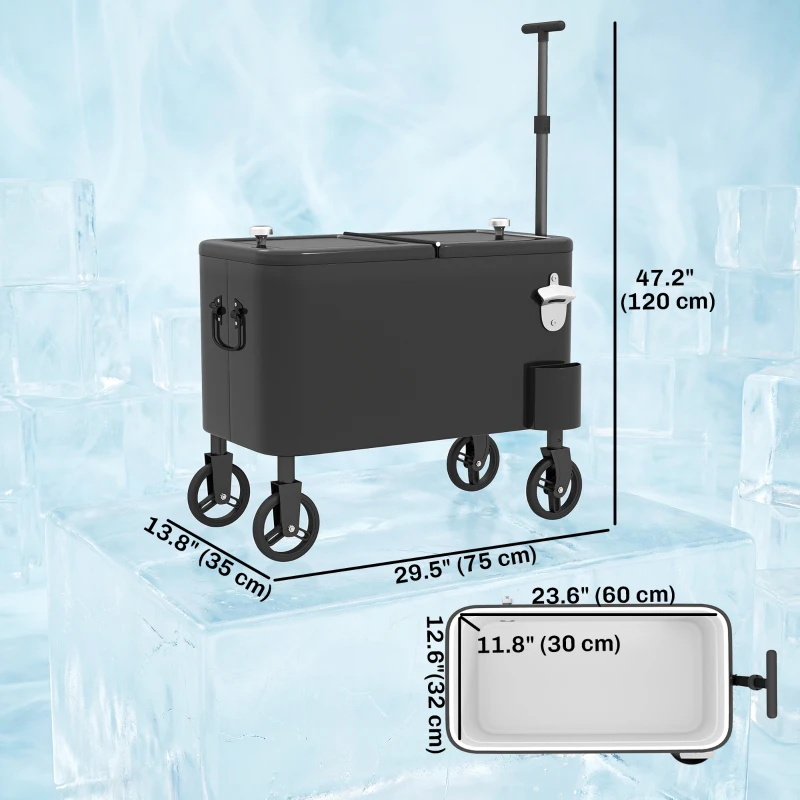 Outsunny 60-Qt Outdoor Patio Cooler Cart, Rolling Ice Chest with Adjustable Handle, Wheels, Bottle Opener, Drainage, Black