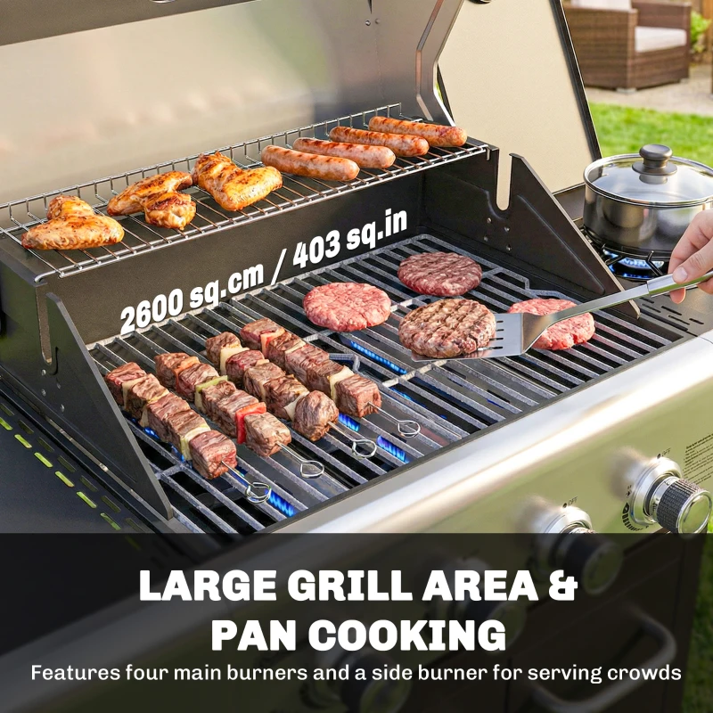 Outsunny 4 Burner Propane Gas Grill with Side Burner, 53,000 BTU BBQ Grill with Cast Iron Grates, Wheels, Warming Rack, Cabinet