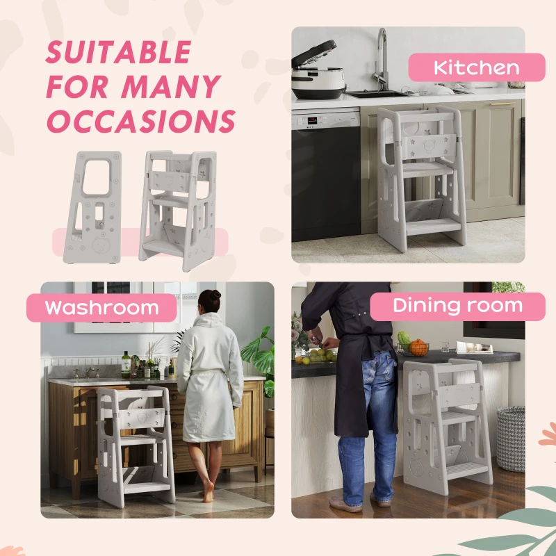 Qaba Toddler Tower with Adjustable Height, Toddler Kitchen Stool Helper with Anti-slip Mat, Step Stool for Kitchen, Bathroom, Gray