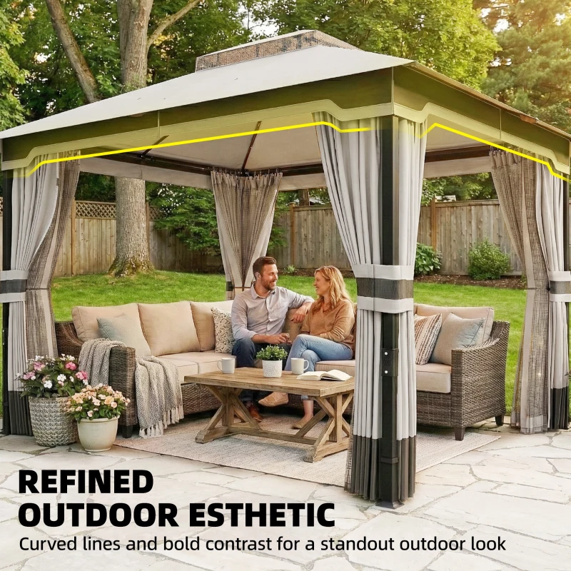 Outsunny 10' x 12' Patio Gazebo, Double Roof Outdoor Gazebo Canopy Shelter with Netting and Curtains, Steel Frame, Light Grey