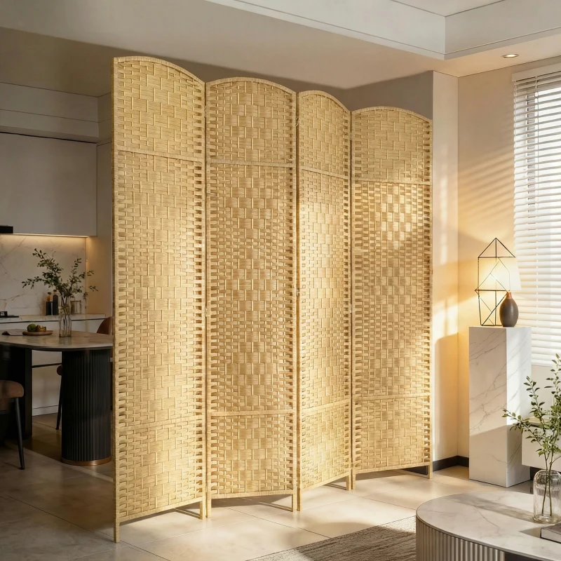 HOMCOM Folding Room Divider Screen 4 Panel 6' Tall Privacy Screen Freestanding Wood Partition for Home Office, Nature Wood