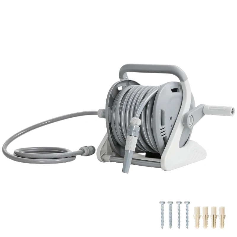 Outsunny Portable Garden Hose Reel, 1/2" x 66ft Wall Mounted Hose Reel with 2 Patterns Spray Nozzle and Crank Handle, Grey