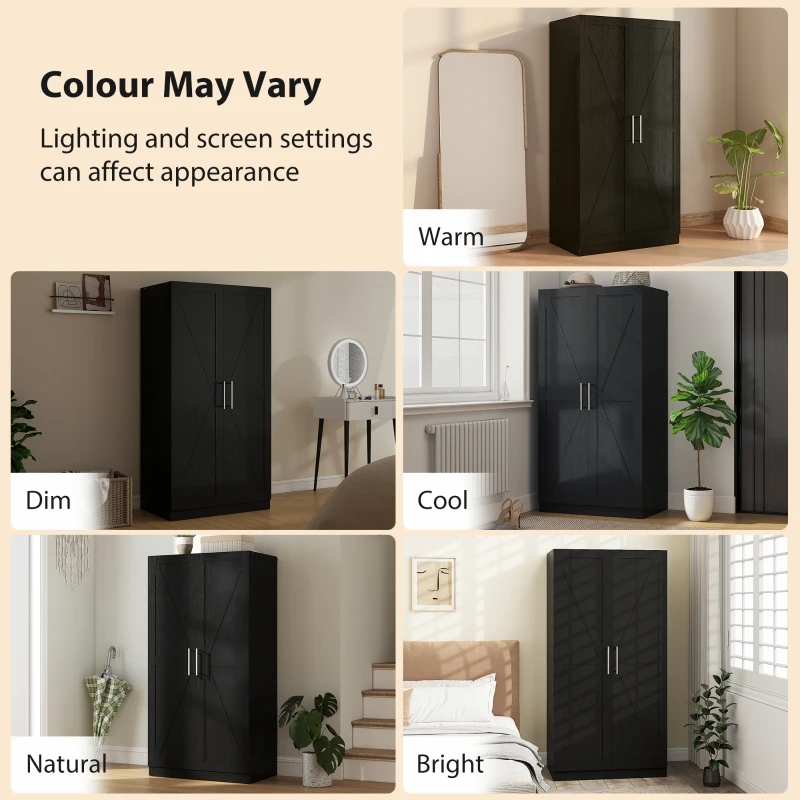 HOMCOM Wardrobe Cabinet with 2 Barn Doors and Hanging Rod, Farmhouse Armoire Wardrobe Closet for Bedroom, Black Wood Effect