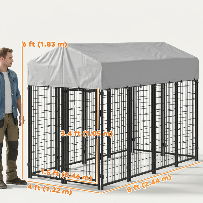 PawHut Outdoor Dog Kennel with Roof, 8' x 4' x 6' Heavy Duty Welded Wire Dog Playpen Enclosure with Escape-proof Lock