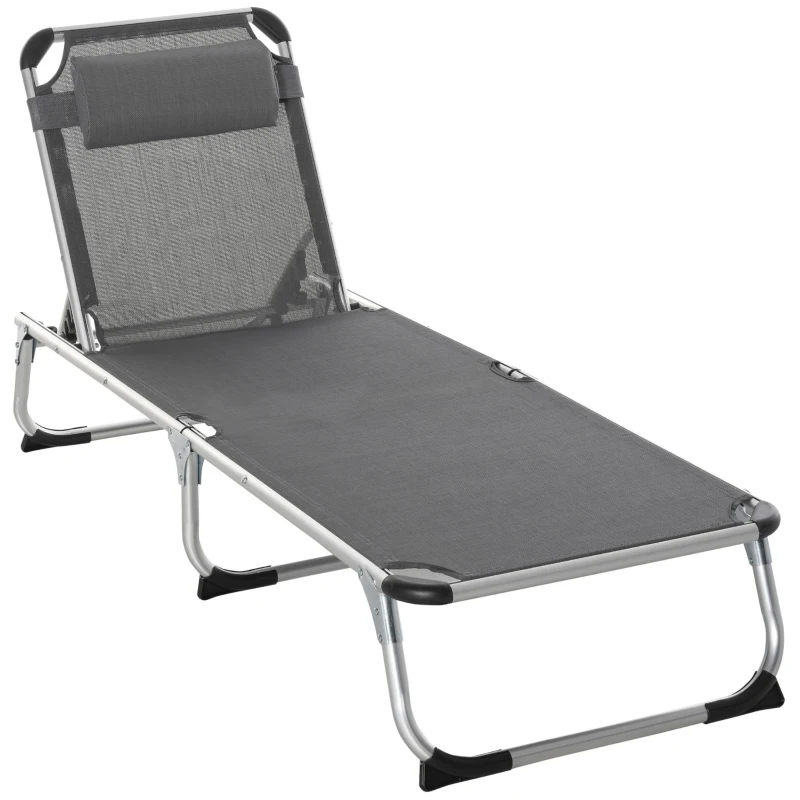 Outsunny Folding Lounge Chair, Aluminum Frame Tanning Chair, Patio Lounger with Headrest, 5-Level Adjustable Backrest, Grey