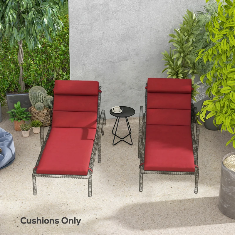 Outsunny Patio Chaise Lounge Chair Cushions Replacement Sun Lounger Pads with Headrest and Ties, Set of 2, Wine Red