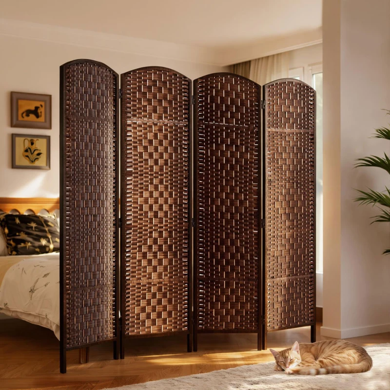 HOMCOM Room Divider 4 Panel, 6FT Tall Folding Privacy Screen, Freestanding Hand-Woven Partition for Room Separation with 360° Hinges, Paper Rope Diamond Weave, Brown