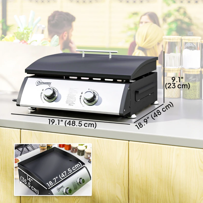 Outsunny 2 Burner Liquefied Gas Grill, Portable Tabletop BBQ Grill, for Camping, Picnic, Silver