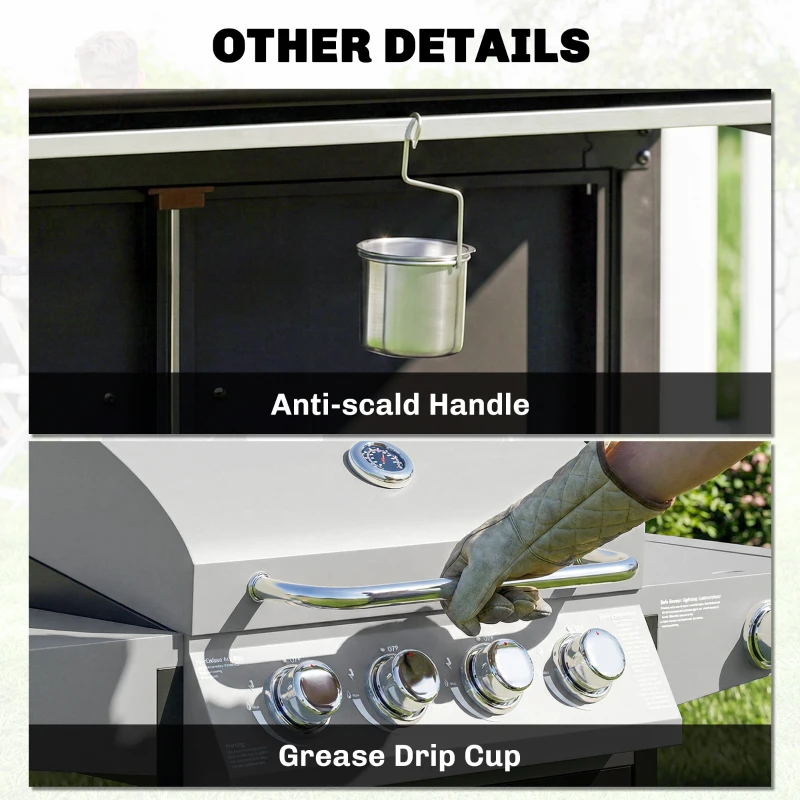 Outsunny 4+1 Burner Liquid Propane Gas Grill, Outdoor Portable BBQ Grill with Side Burner, Warming Rack, Side Shelf