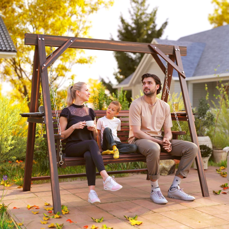 Outsunny 3 Seat Wooden Porch Swing with Stand, Patio Swing with Side Tables, for Garden, Poolside, Backyard, Carbonized Brown