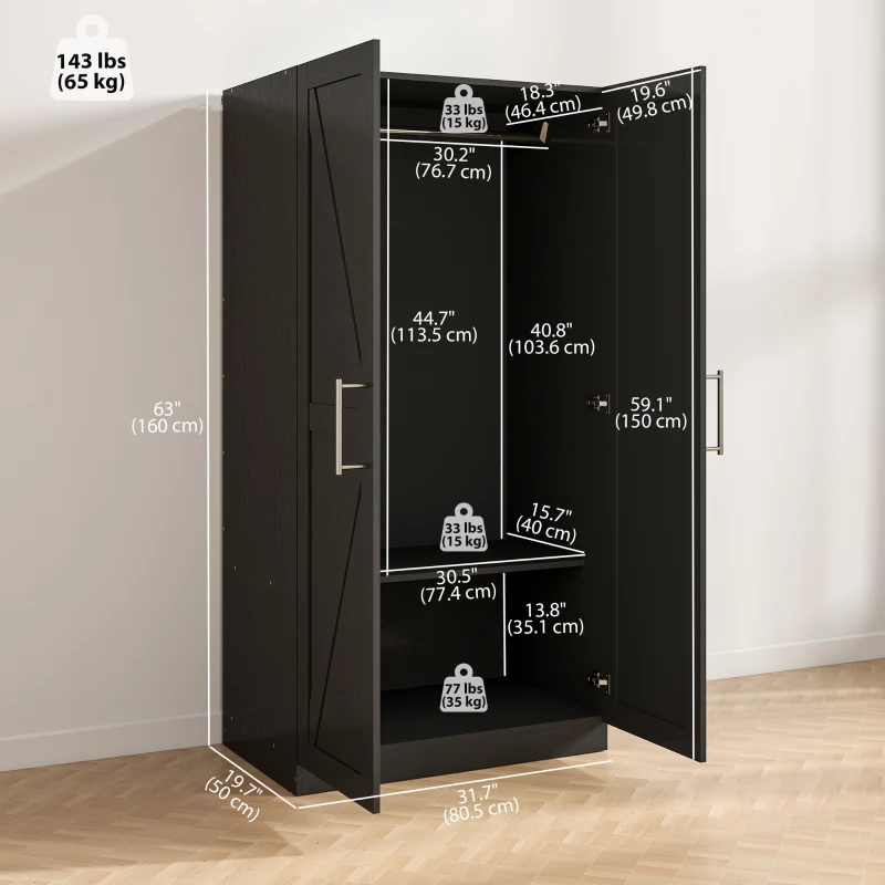 HOMCOM Wardrobe Cabinet with 2 Barn Doors and Hanging Rod, Farmhouse Armoire Wardrobe Closet for Bedroom, Black Wood Effect