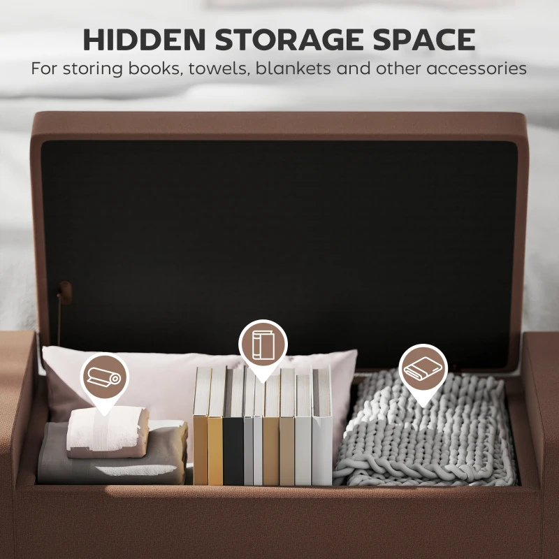 HOMCOM 36" Ottoman with Storage, Storage Ottoman Bench with Lift Top and Rubberwood Legs, Linen Upholstered Entryway Bench with Seating for Living Room, Bedroom, Holds up to 330 lb, Dark Brown