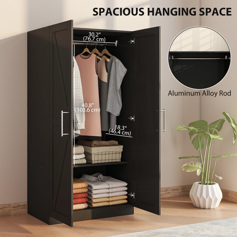 HOMCOM Wardrobe Cabinet with 2 Barn Doors and Hanging Rod, Farmhouse Armoire Wardrobe Closet for Bedroom, Black Wood Effect