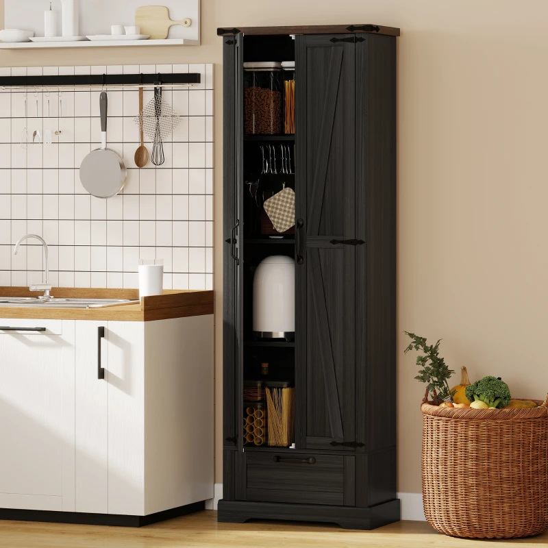 HOMCOM 71" Pantry Cabinet, Kitchen Storage Cabinet with Adjustable Shelves, Barn Doors and Drawer for Dining Room, Black