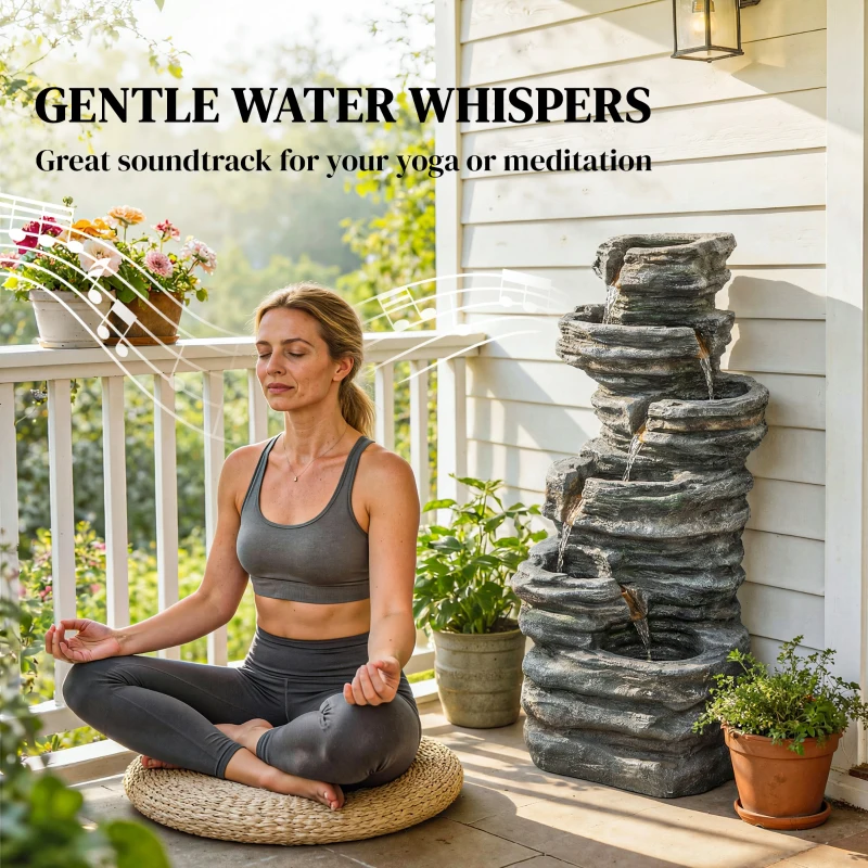 Outsunny Outdoor 6-Tier Water Fountain, Waterfall Fountain with LED Lights, Resin Waterfall Feature with Pump, Grey