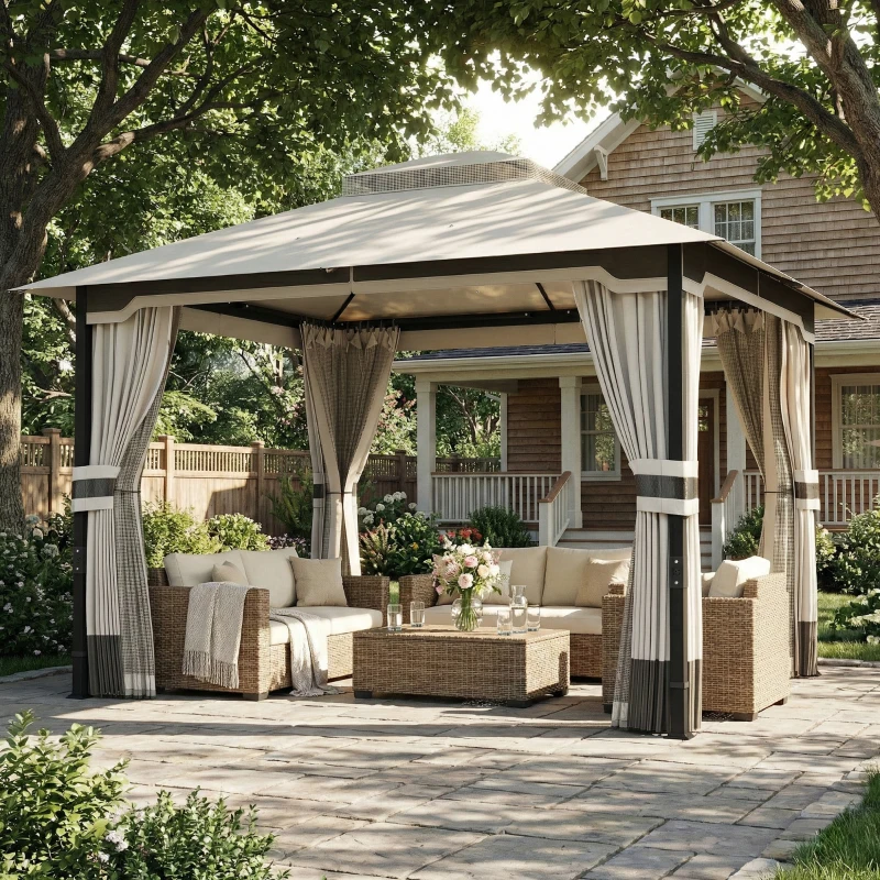 Outsunny 10' x 12' Patio Gazebo, Double Roof Outdoor Gazebo Canopy Shelter with Netting and Curtains, Steel Frame, Light Grey