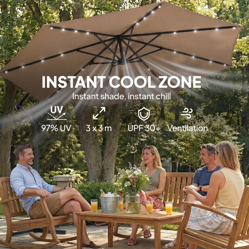 Outsunny 9.7 ft Cantilever Patio Umbrella with Solar Light, Garden Hanging Parasol with Cover, Tilt, Crank, Khaki
