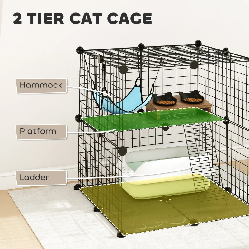 PawHut 2 Tier Cat Cage Crate, DIY Pet Playpen with 2 Doors, Ladder, Hammock, Perch, Indoor Playpen for Kittens, Black
