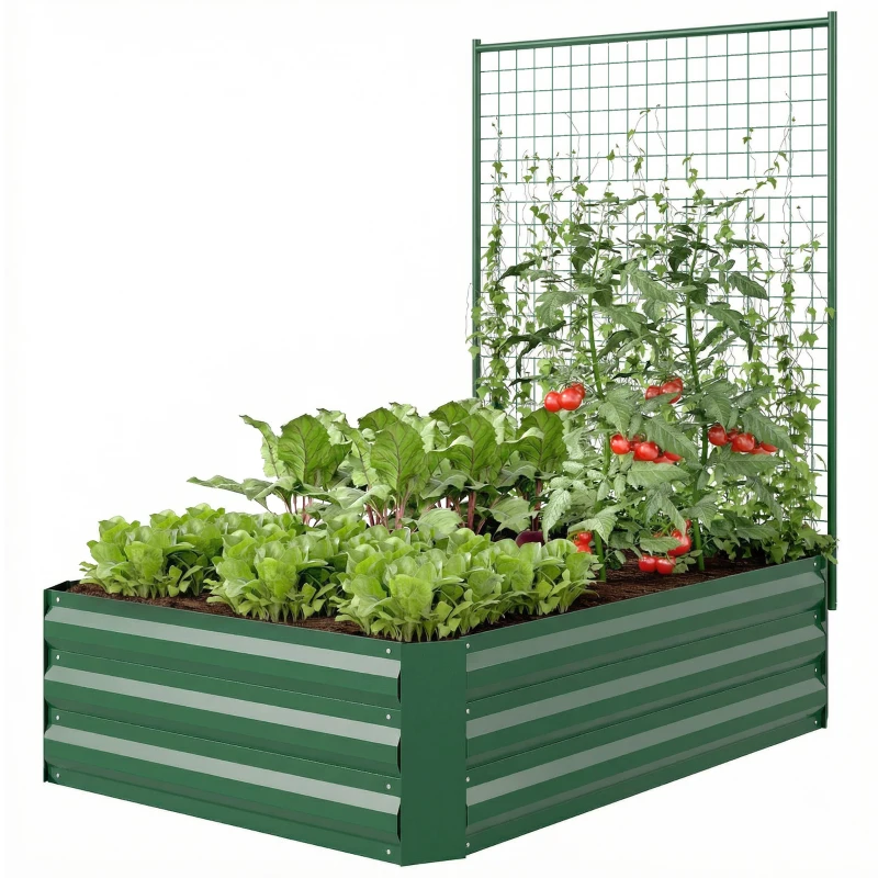 Outsunny Galvanized Raised Garden Bed with Trellis for Climbing Plants, Outdoor Planter Box with Open Bottom, Green