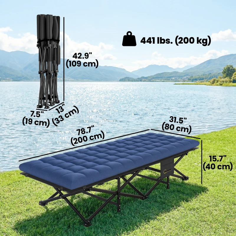 Outsunny Camping Cot with Soft Pad, 32" Extra Wide Folding Cots with Non-Slip Feet and Carry Bag, Blue