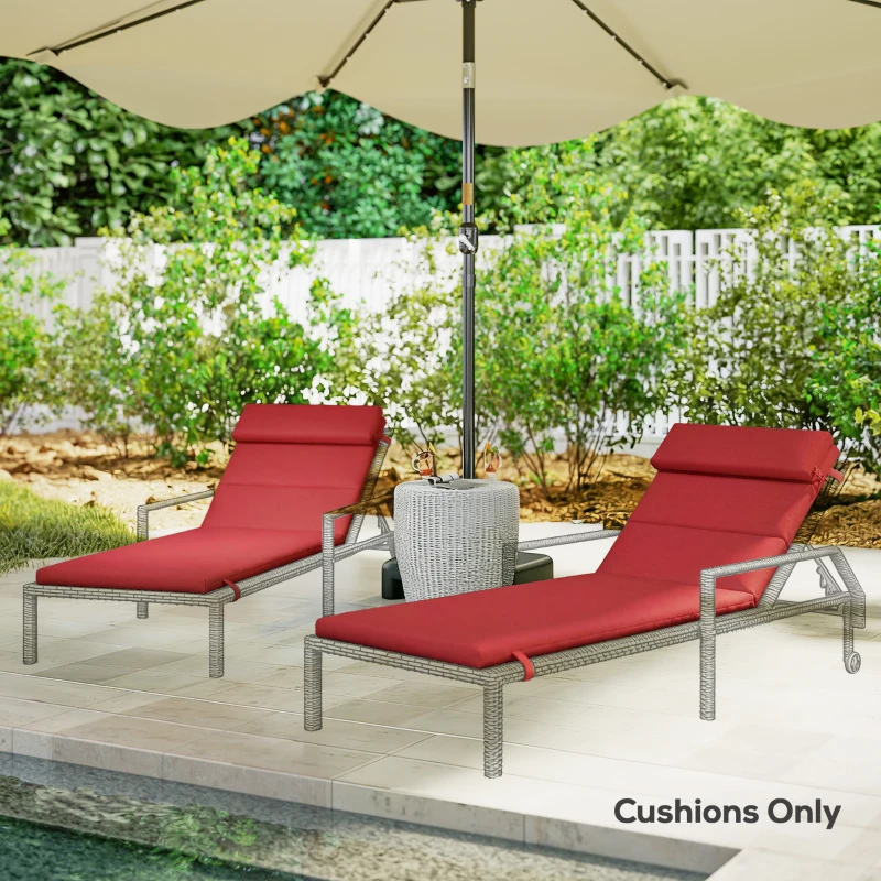 Outsunny Patio Chaise Lounge Chair Cushions Replacement Sun Lounger Pads with Headrest and Ties, Set of 2, Wine Red