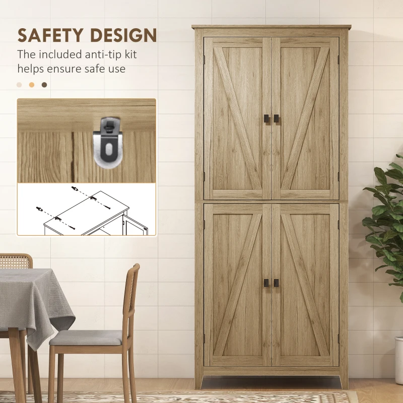HOMCOM 72" Freestanding Kitchen Pantry Cabinet, Farmhouse Tall Storage Cabinet with 4 Door Cabinets and Adjustable Shelves for Dining Room, Natural