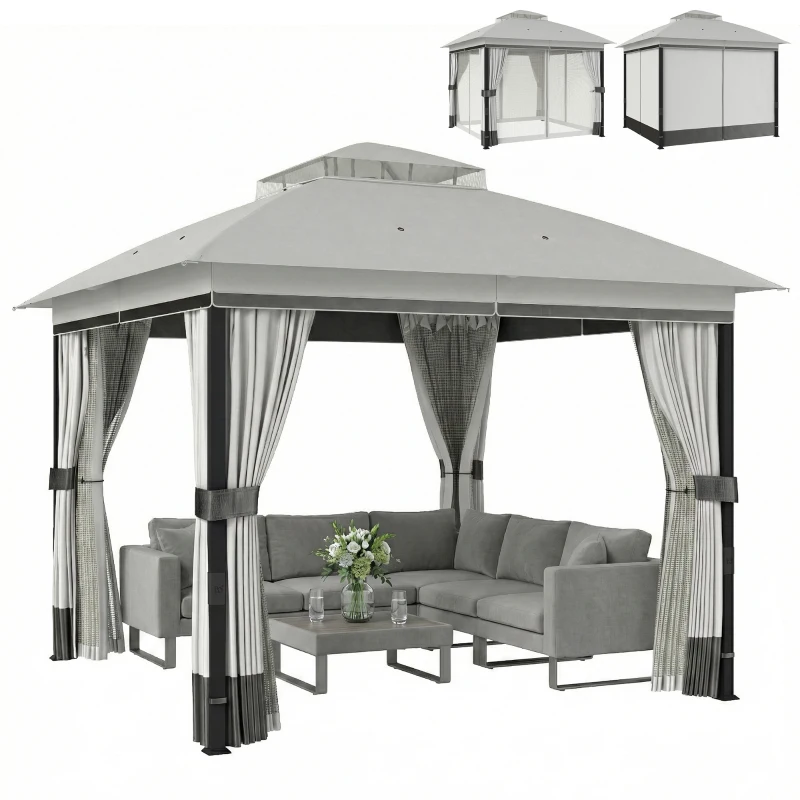 Outsunny 10' x 10' Patio Gazebo, UPF50+ Double Roof Outdoor Gazebo Canopy with Netting and Curtains, Steel Frame, Light Grey