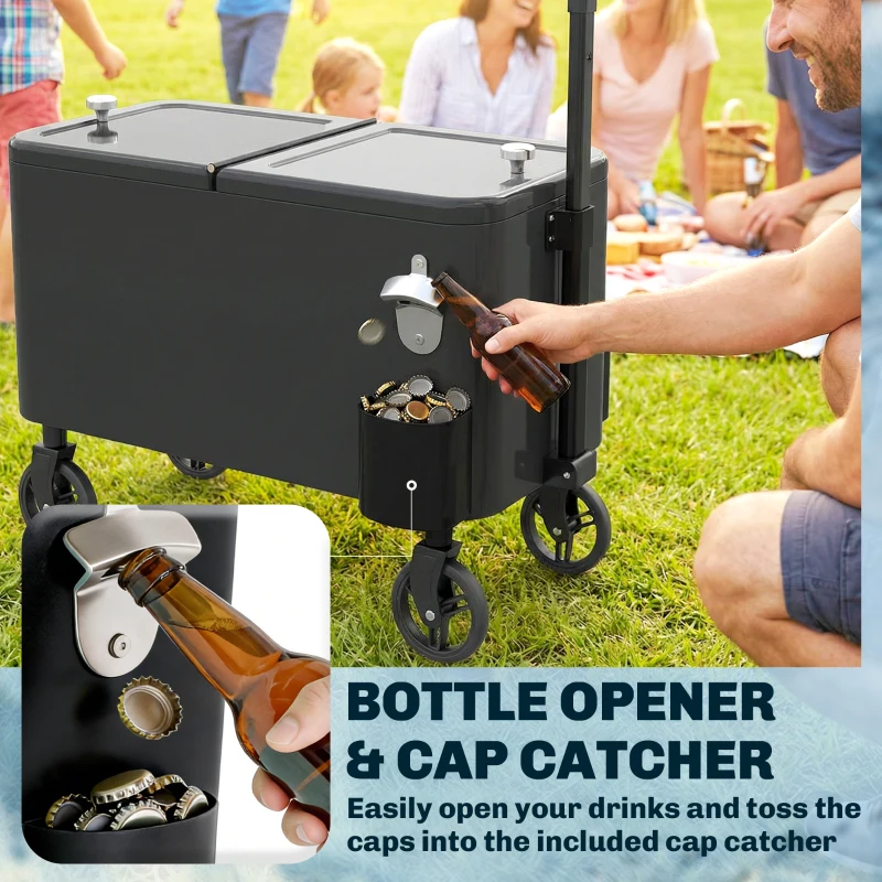Outsunny 60-Qt Outdoor Patio Cooler Cart, Rolling Ice Chest with Adjustable Handle, Wheels, Bottle Opener, Drainage, Black