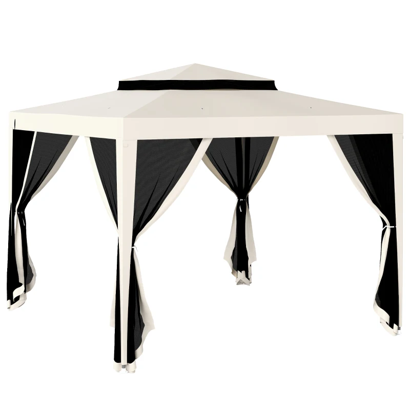 Outsunny 10' x 10' Outdoor Canopy Tent Party Tent with Mesh Netting and Double Tier Roof for Backyard, Garden, Patio, Cream White