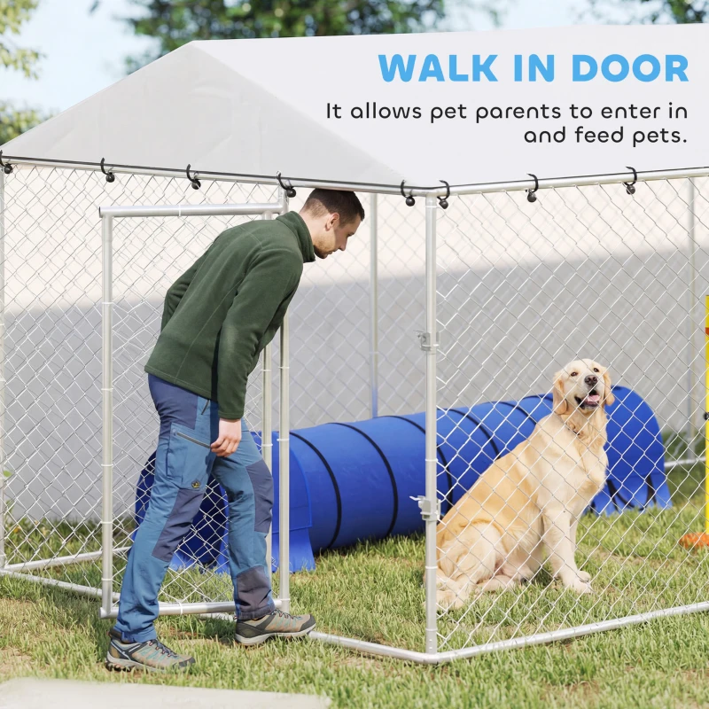 PawHut 19.7' x 7.5' x 6.6' Dog Kennel Outdoor for Small Medium Large Dogs with Waterproof Cover, Silver