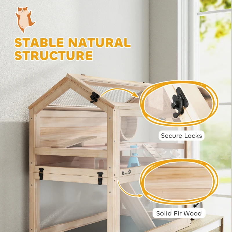 PawHut Wooden Hamster Cage, 3-Tier Small Animal Cage with Hut, Seesaw, Ramps, Exercise Wheel, Acrylic Panel and Bottom Tray