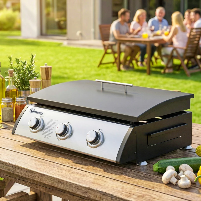 Outsunny Propane Gas Grill with 3 Main Burners, 8530 BTU Outdoor BBQ Grill Cart with Non-Stick Griddle and Lid, Black