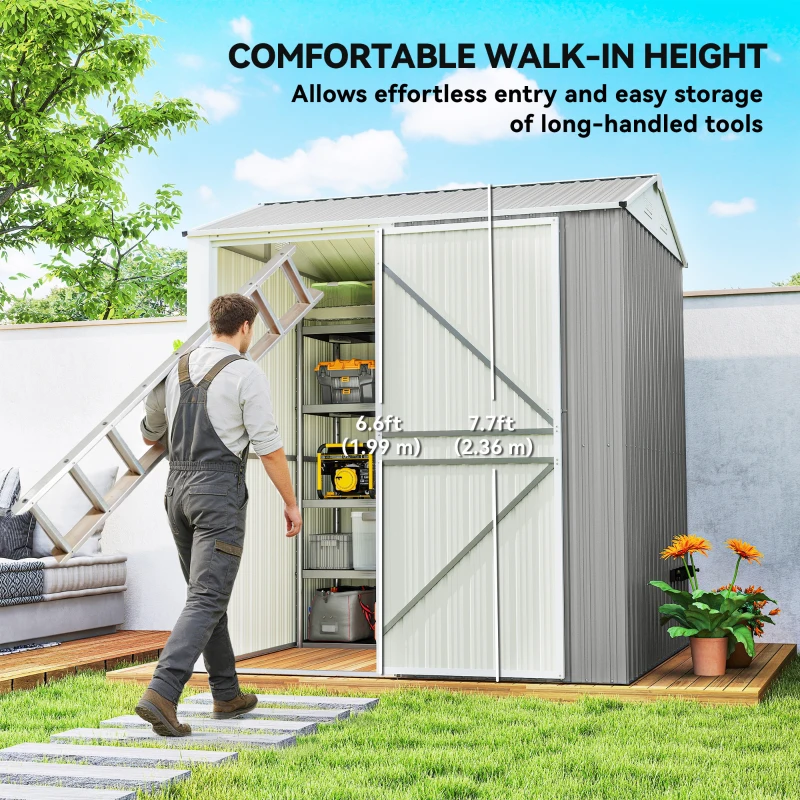 Outsunny 7' x 6' Tall Outdoor Storage Shed, Waterproof Metal Garden Shed with Gloves, Lockable Door, Silver Grey