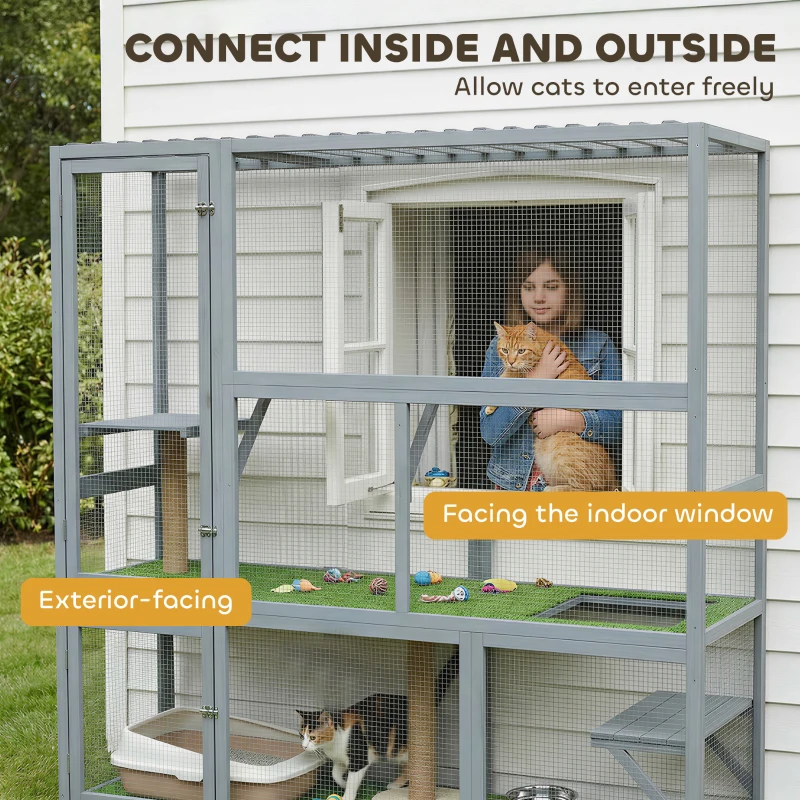 PawHut Catio Outdoor Cat Enclosure, 77" H Wooden Cat House with Weatherproof Roof, Platforms and Scratching Post