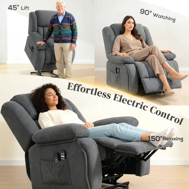 HOMCOM Overstuffed Power Lift Recliner Chair with Vibration Massage and Heat, Side Pockets, Pocket Spring, for Adults, Gray